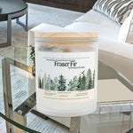 Front view of Frasier Fir scented aromatherapy candle in a frosted glass jar. Features a raw maple wood lid.