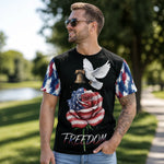 Patriotic Freedom T-Shirt - person wearing shirt in lifestyle setting | Our Phoenix Rise