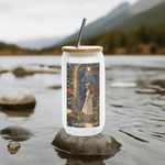 Imagination Garden Frosted Glass Tumbler - Top Perspective with Reusable Straw | Our Phoenix Rise
