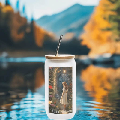 Imagination Garden Frosted Glass Tumbler - Front View with Bamboo Lid and Straw | Our Phoenix Rise