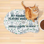 Funny Gamer Pet Food Mat - Orange cat looking up with food bowl