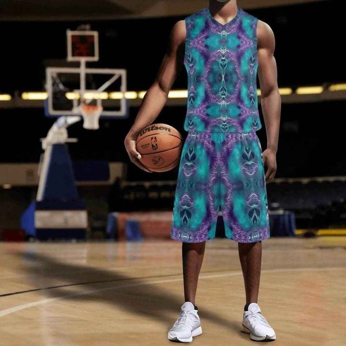 Abstract Basketball Jersey Shorts Set Teal Purple S-4XL