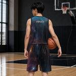 Custom Galaxy Basketball Jersey Set - Athletic Fit on Model in Urban Setting | Our Phoenix Rise