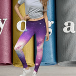 Purple Galaxy Print Leggings - Waistband detail showing high-waisted fit | Our Phoenix Rise
