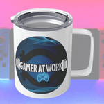 Gamer At Work Insulated Mug with Lid - Close up of design | Our Phoenix Rise