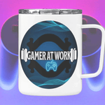 Gamer At Work Insulated Mug with Lid - Back view with handle | Our Phoenix Rise
