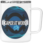 Gamer At Work Insulated Mug with Lid - Angled view with handle | Our Phoenix Rise