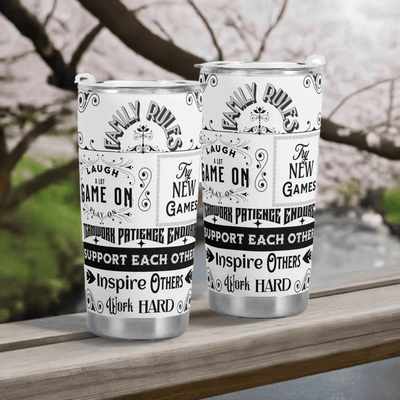 Gamer Family Rules Travel Mug - Front view with rules text | Our Phoenix Rise