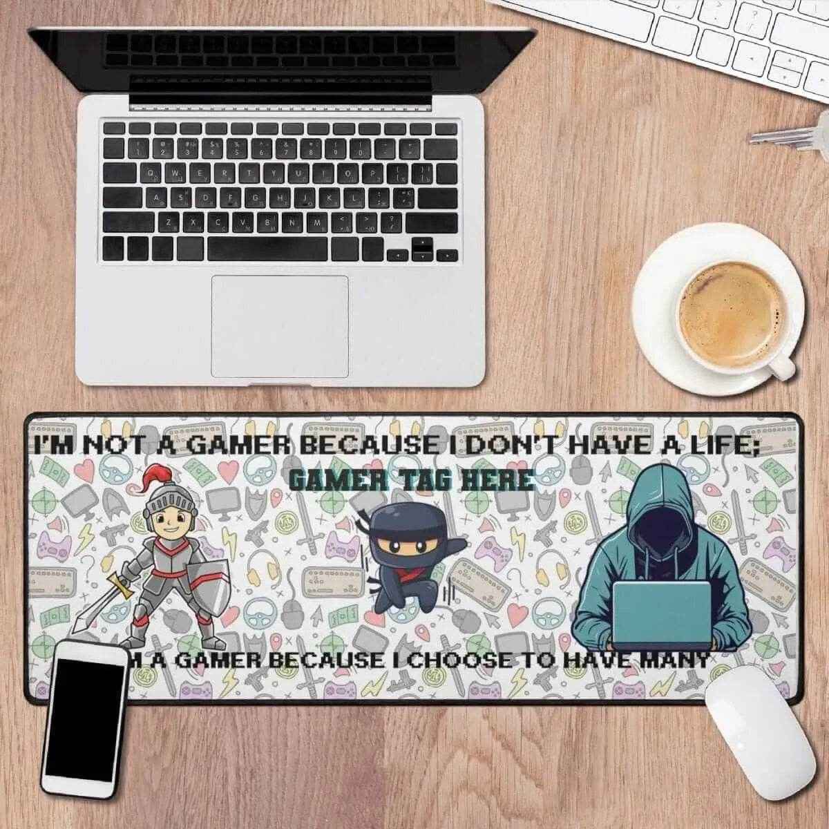 Gamer Slogan Desk Mat | Knight and Ninja Gaming Mouse Pad