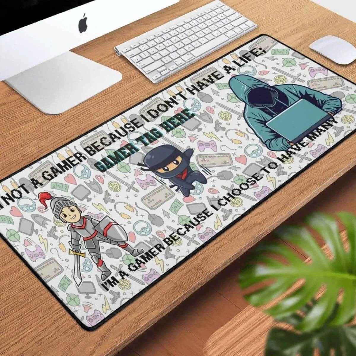 Gamer Slogan Desk Mat | Knight and Ninja Gaming Mouse Pad