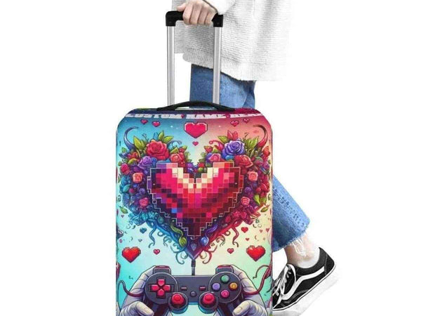 Pixel Heart Luggage Cover | Gamer Love Travel Protector