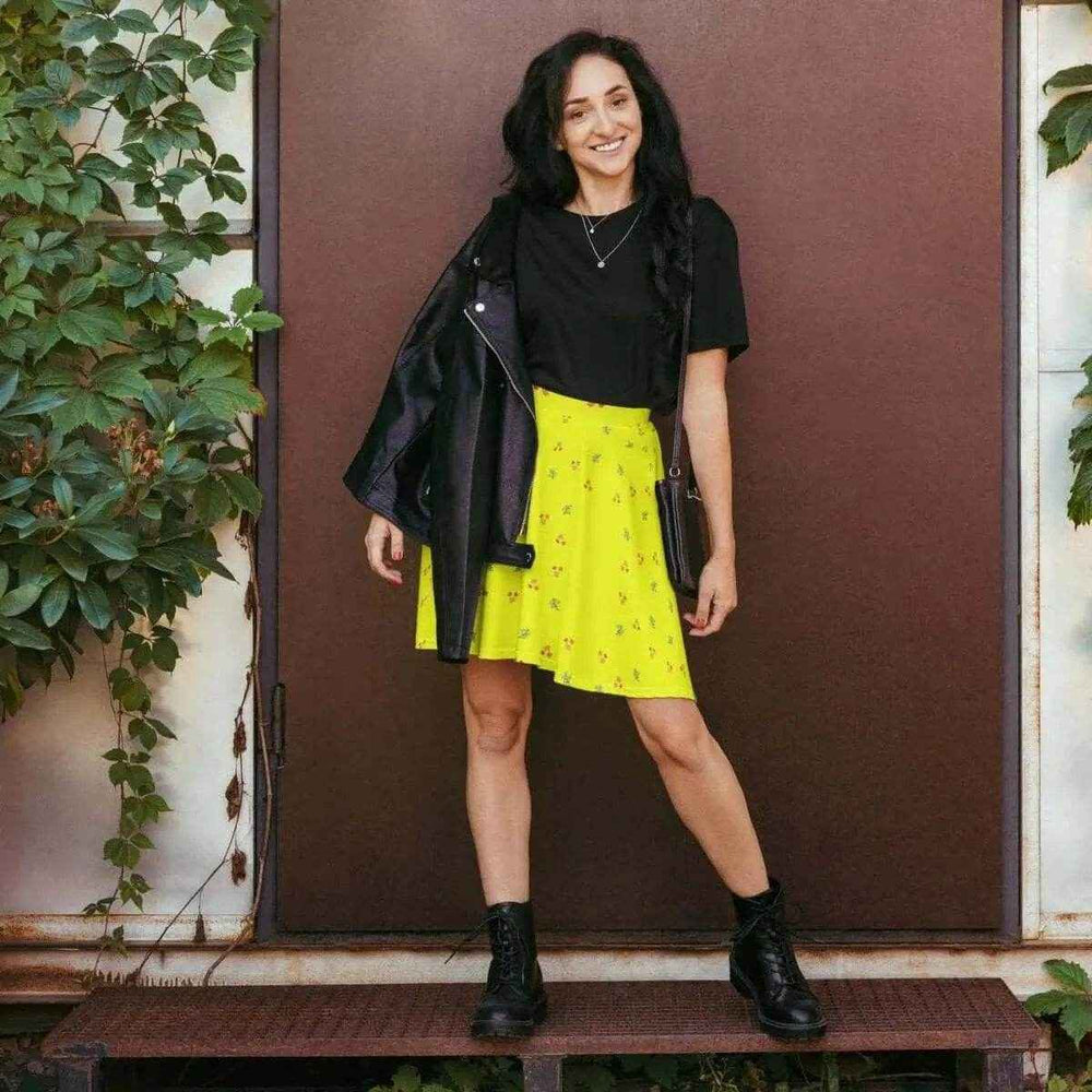 Yellow Leaf Print Skater Skirt XS-3XL Red XS-3XL