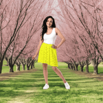 Yellow Leaf Print Skater Skirt - Close up of golden leaf pattern fabric | Our Phoenix Rise