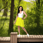 Yellow Leaf Print Skater Skirt - Back view on model showing flare | Our Phoenix Rise