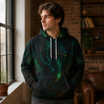 Glowing Green Dragon Hoodie - Lifestyle shot, relaxed front pose on woman | Our Phoenix Rise