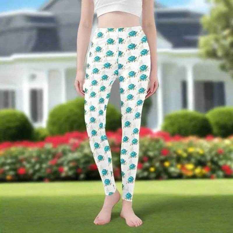 Teal Rose Print Leggings White XS-3XL Teal XS-3XL