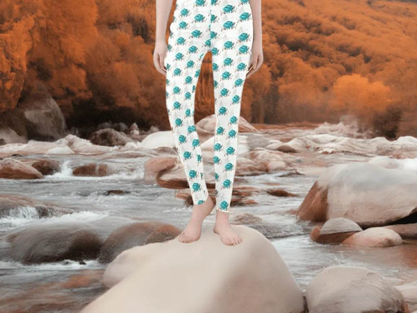 Teal Rose Print Leggings | Floral Yoga and Gaming Tights - Iron Phoenix GHG