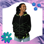 Geometric Pattern Zip Hoodie - Black Neon Green front on model | Our Phoenix Rise