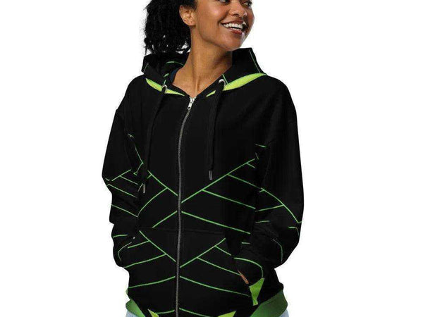 "Neon Grid" Off-center Unisex Zip Hoodie | Iron Phoenix - Iron Phoenix GHG