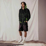 Geometric Pattern Zip Hoodie - Black Neon Green front view with hands in pockets | Our Phoenix Rise