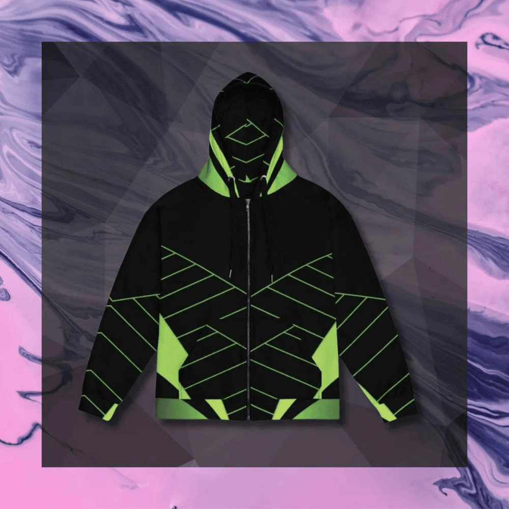 Geometric Pattern Zip Hoodie Black Neon Green 2XS-6XL Black