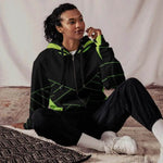 Geometric Pattern Zip Hoodie - Black Neon Green side view on model | Our Phoenix Rise