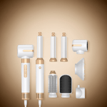 7-in-1 Professional Hair Dryer Brush with multiple attachments for volumizing, curling, and styling. Features brushless motor and rotating cord.