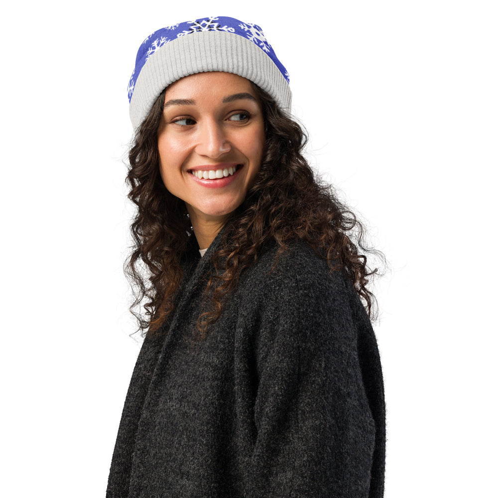 Blue Snowflake Knitted Beanie | Soft Winter Hat