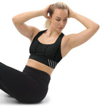 Endurance Longline Sports Bra - Black, detailed view of chest stitching | Our Phoenix Rise
