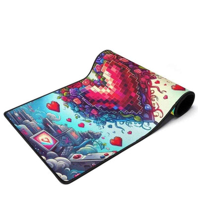 Pixel Heart Gaming Desk Mat - Rolled up view with pixel city | Our Phoenix Rise