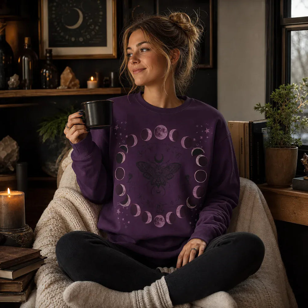 Lunar Phases Moth Purple Sweatshirt XS-2XL