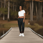 Black Flame Water Resistant Track Pants - woman on wooden pier by lake | Our Phoenix Rise