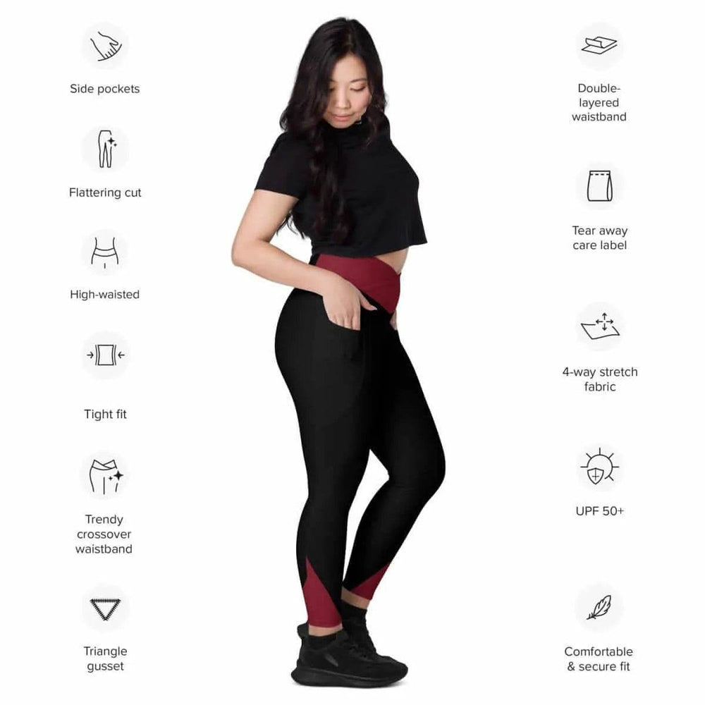 Maroon | Black Crossover Leggings with Pockets | Iron Phoenix