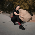 Maroon Black Crossover Leggings with Pockets - Model demonstrating comfort | Our Phoenix Rise