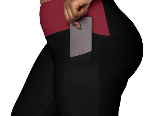 Maroon | Black Crossover Leggings with Pockets | Iron Phoenix - Iron Phoenix GHG