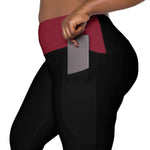 Maroon Black Crossover Leggings with Pockets - Close-up of crossover waistband detail | Our Phoenix Rise
