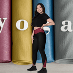 Maroon Black Crossover Leggings with Pockets - High angle view on model | Our Phoenix Rise