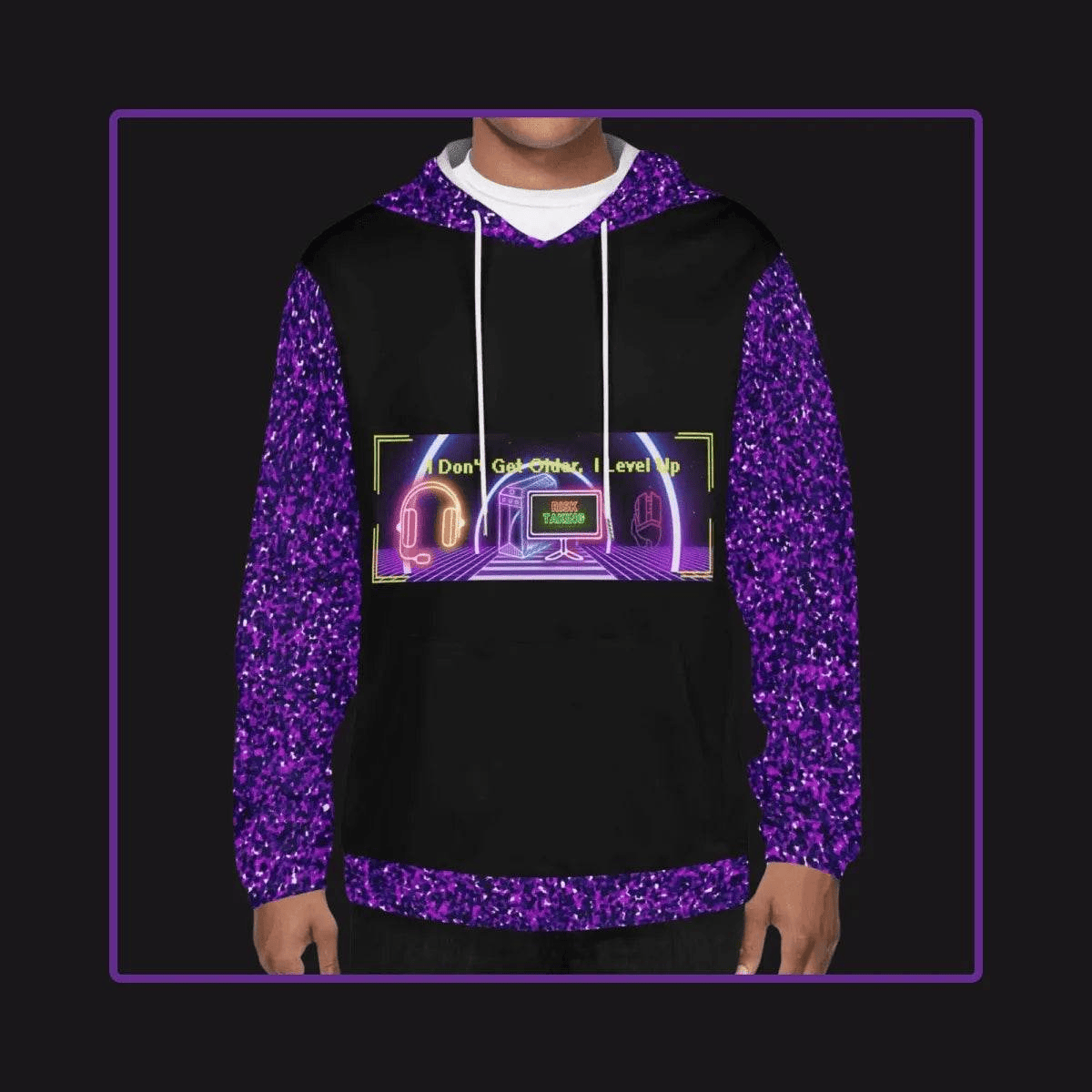 Mens Level Up Gamer Hoodie Purple Glitter Black S-4XL