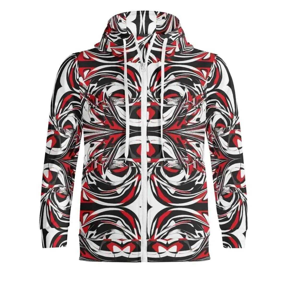 Abstract Graphic Zip Up Hoodie Red Black White S-5XL