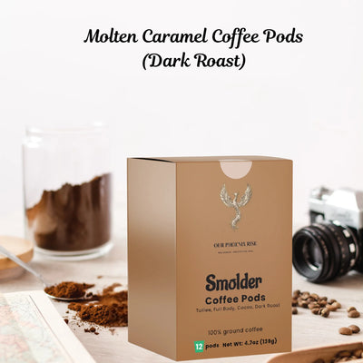 Molten Caramel Dark Roast Coffee Pods - 12 Count Box Front View - Detail 16 | Our Phoenix Rise