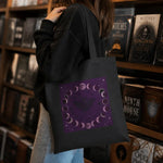 Gothic Moon Phase Tote Bag - Lifestyle Scene with Natural Tote | Our Phoenix Rise