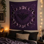 Purple Moon Phase Tapestry - Lifestyle Mockup in Bedroom Setting | Our Phoenix Rise