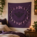 Purple Moon Phase Tapestry - Styled Living Room Wall Decor Mockup | Our Phoenix Rise