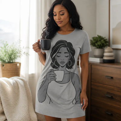 Black Woman Coffee T-Shirt Dress - Lifestyle Model Front View | Our Phoenix Rise