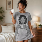 Black Woman Coffee T-Shirt Dress - Lifestyle Model Sitting | Our Phoenix Rise