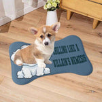 Funny Dog Food Mat - corgi puppy sitting on bone shaped mat in hallway | Our Phoenix Rise
