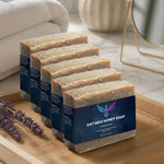 Oat Milk Honey Soap Bar - Stacked Bars on Wooden Tray with Washcloth | Our Phoenix Rise