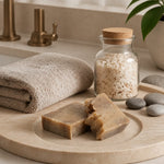 Oat Milk Honey Soap Bar - Single Bar on Textured Surface Lifestyle Shot | Our Phoenix Rise
