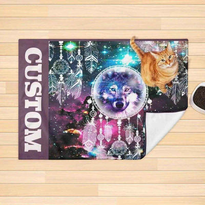 Personalized Wolf Dream Catcher Pet Blanket - Cat on full blanket | Our Phoenix Rise