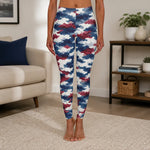 Patriotic Watercolor Camo Leggings - woman posing, active lifestyle wear | Our Phoenix Rise